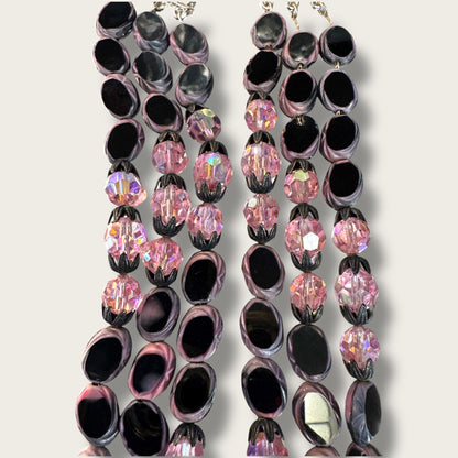 Vintage Hobé Triple Strand Necklace with Czech Glass Picasso Beads & Pink Crystals