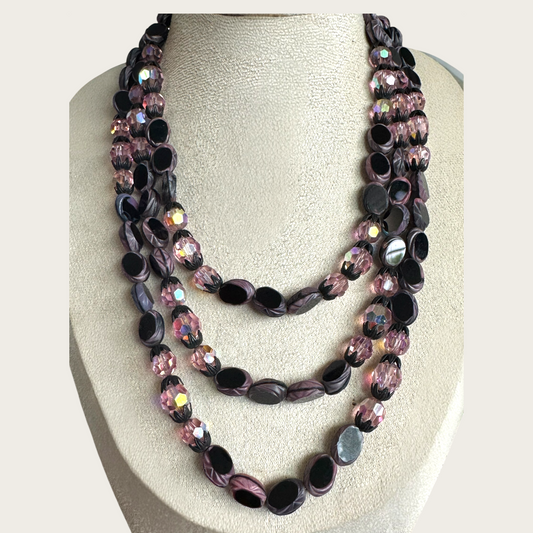 Vintage Hobé Triple Strand Necklace with Czech Glass Picasso Beads & Pink Crystals