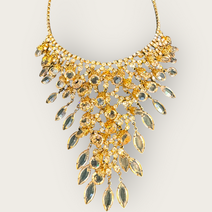 Vintage Juliana D&E Bib Necklace – 1960s Gold Plated with Clear Navette & Round Prong-Set Crystals, Puddling Back, Statement Runway Collar