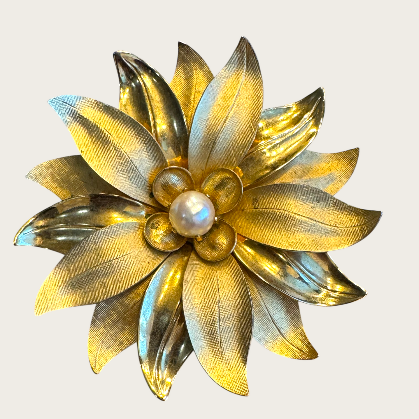 Vintage Dimensional Gold Flower Brooch with Cultured Pearl Center