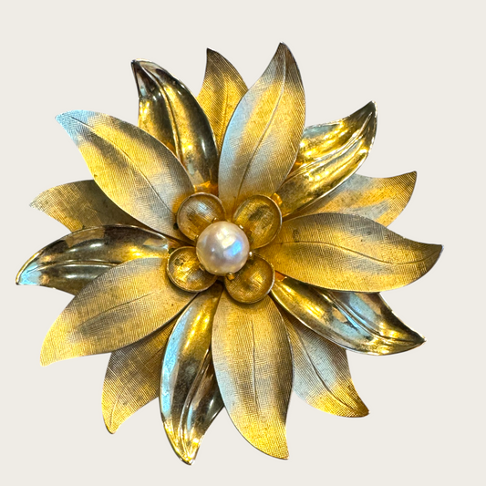 Vintage Dimensional Gold Flower Brooch with Cultured Pearl Center