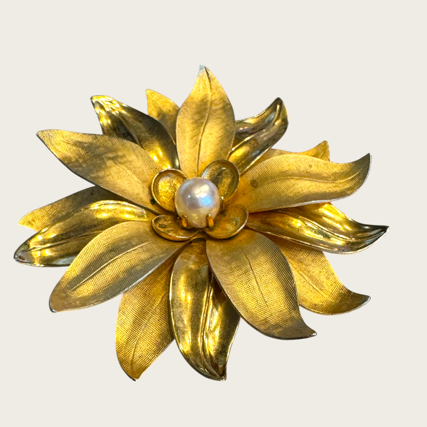 Vintage Dimensional Gold Flower Brooch with Cultured Pearl Center