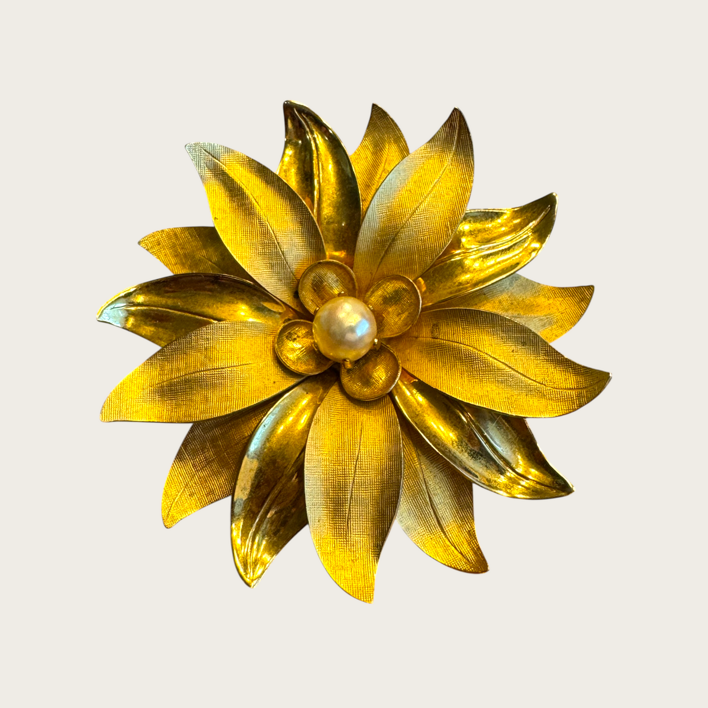 Vintage Dimensional Gold Flower Brooch with Cultured Pearl Center