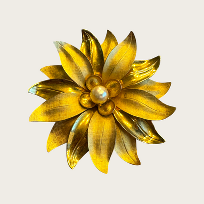 Vintage Dimensional Gold Flower Brooch with Cultured Pearl Center