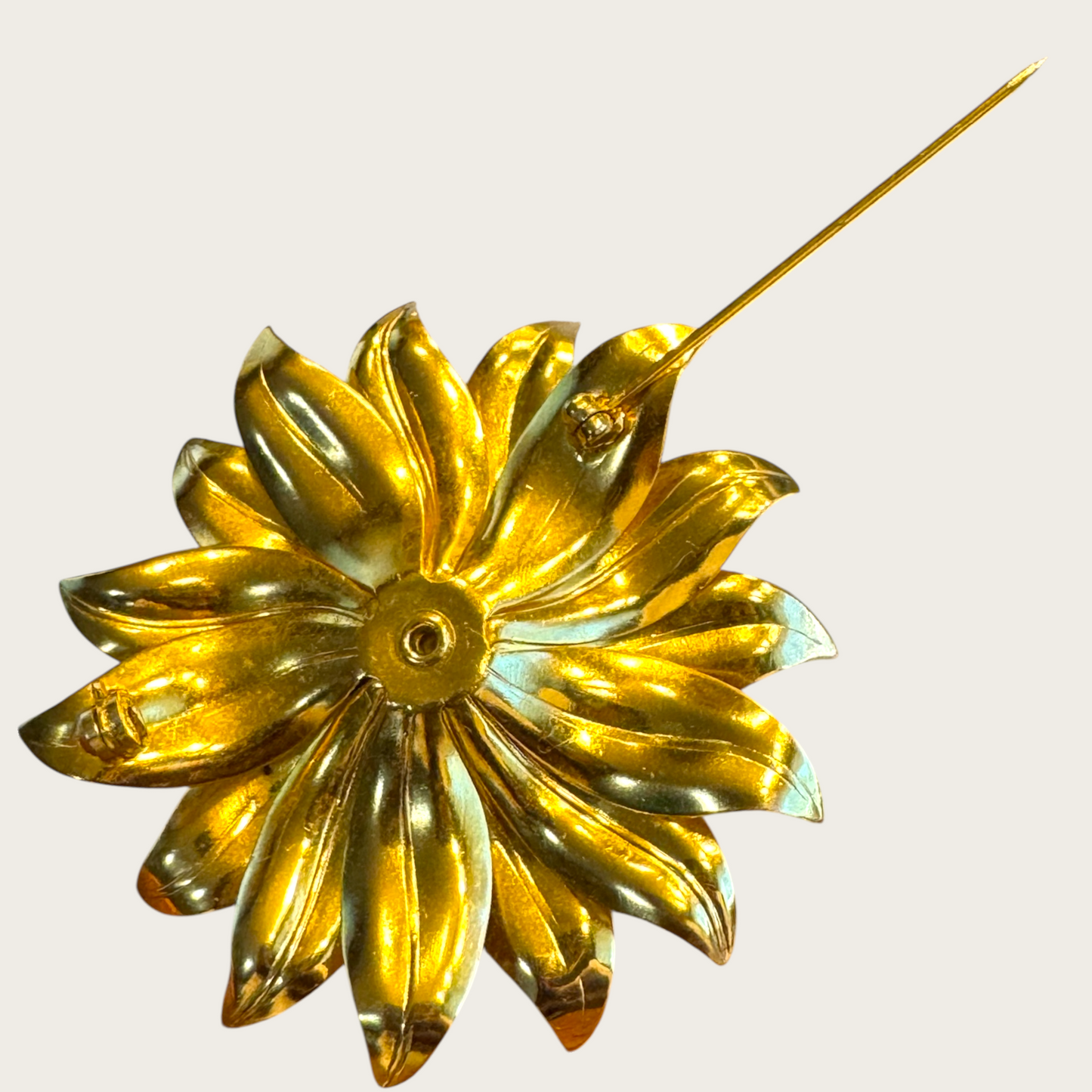 Vintage Dimensional Gold Flower Brooch with Cultured Pearl Center