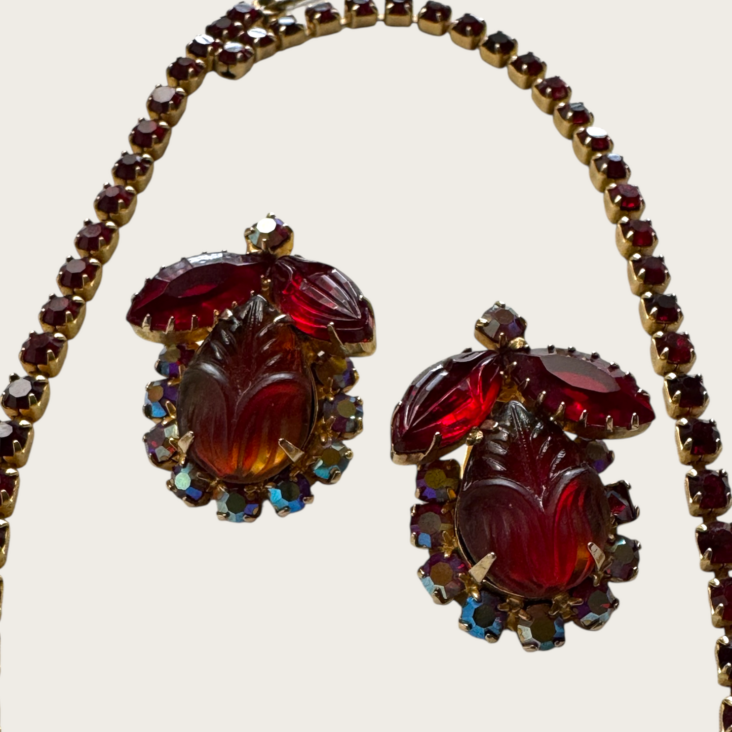 Vintage Juliana Carved Red & Amber Givre Rhinestone Necklace and Earrings Set | 1960s D&E Statement Jewelry