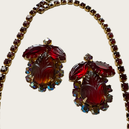 Vintage Juliana Carved Red & Amber Givre Rhinestone Necklace and Earrings Set | 1960s D&E Statement Jewelry