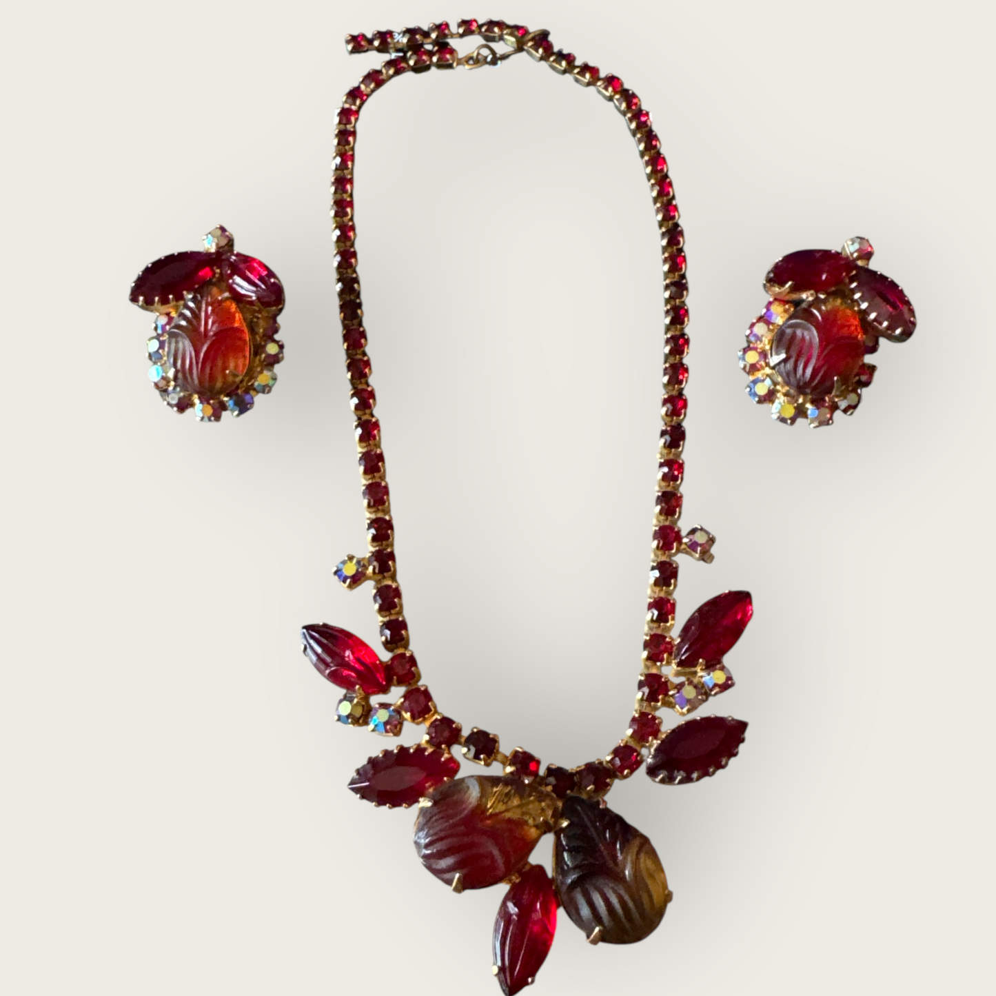 Vintage Juliana Carved Red & Amber Givre Rhinestone Necklace and Earrings Set | 1960s D&E Statement Jewelry