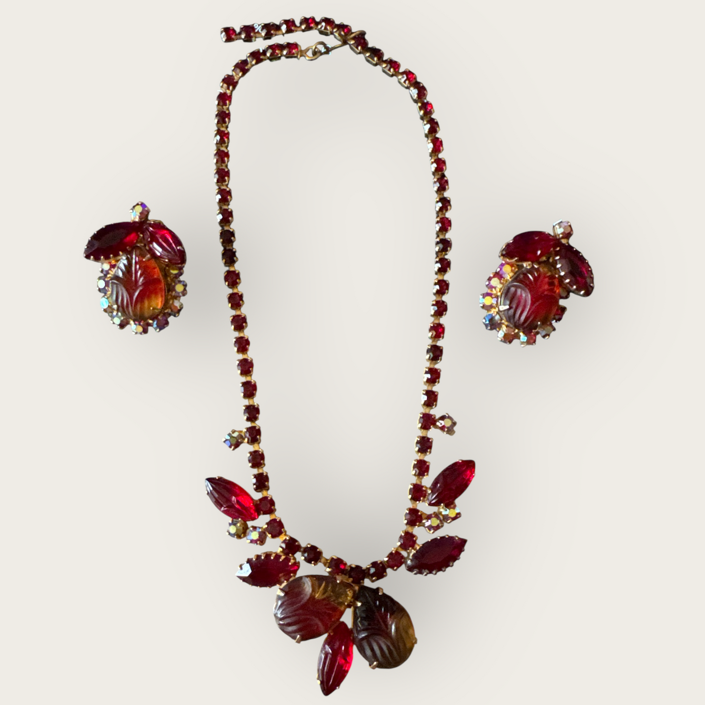 Vintage Juliana Carved Red & Amber Givre Rhinestone Necklace and Earrings Set | 1960s D&E Statement Jewelry