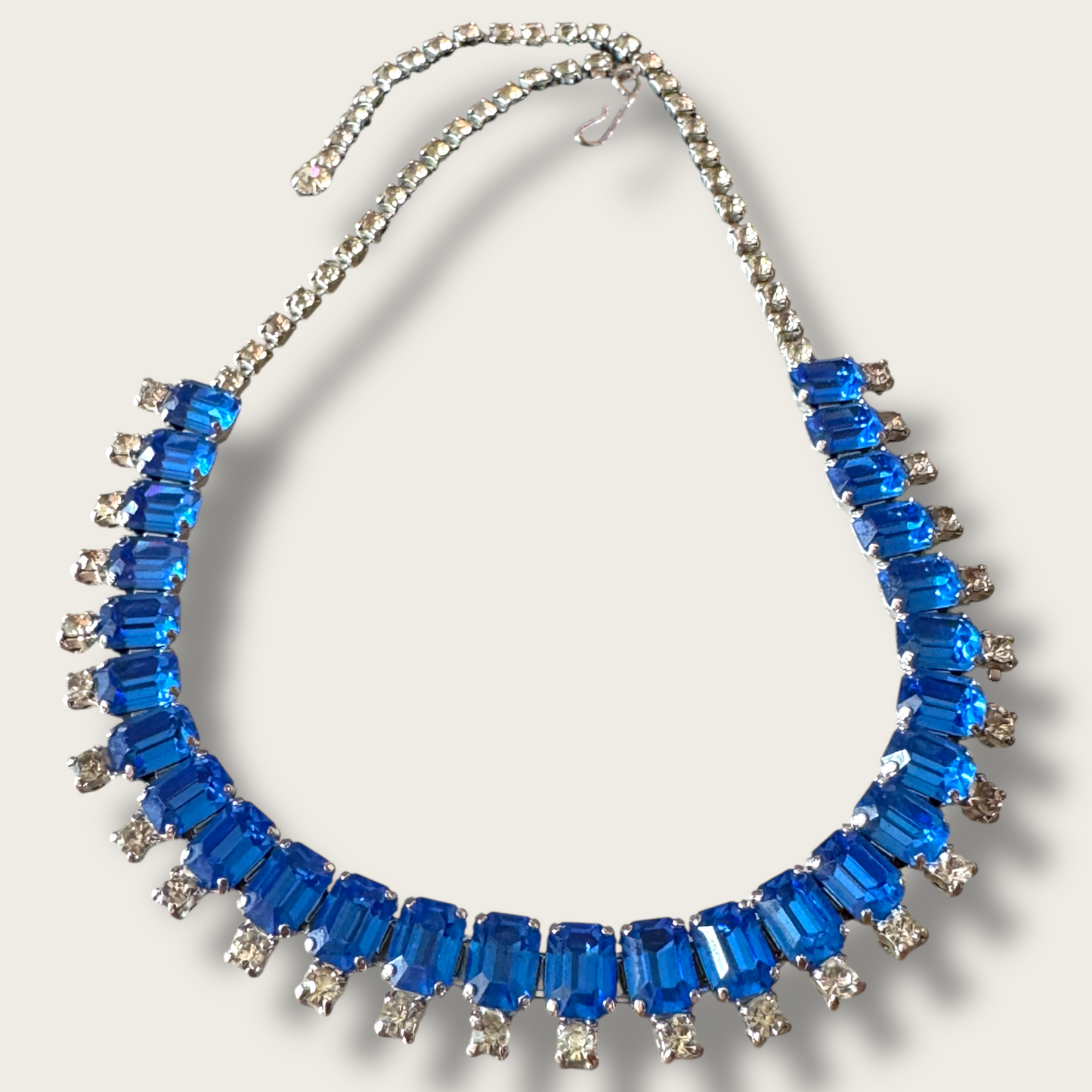 Vintage Royal Blue Glass Rhinestone Necklace & Earring Set | 1950s Prong Set Demi Parure