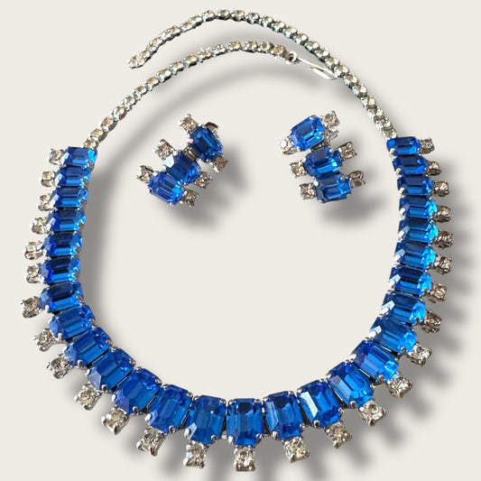 Vintage Royal Blue Glass Rhinestone Necklace & Earring Set | 1950s Prong Set Demi Parure