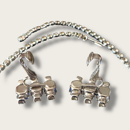 Vintage Royal Blue Glass Rhinestone Necklace & Earring Set | 1950s Prong Set Demi Parure