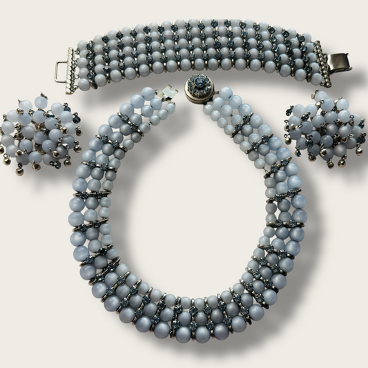Vintage Powder Blue Cha-Cha Necklace, Bracelet & Earrings Set | 1950s Rhinestone Demi Parure