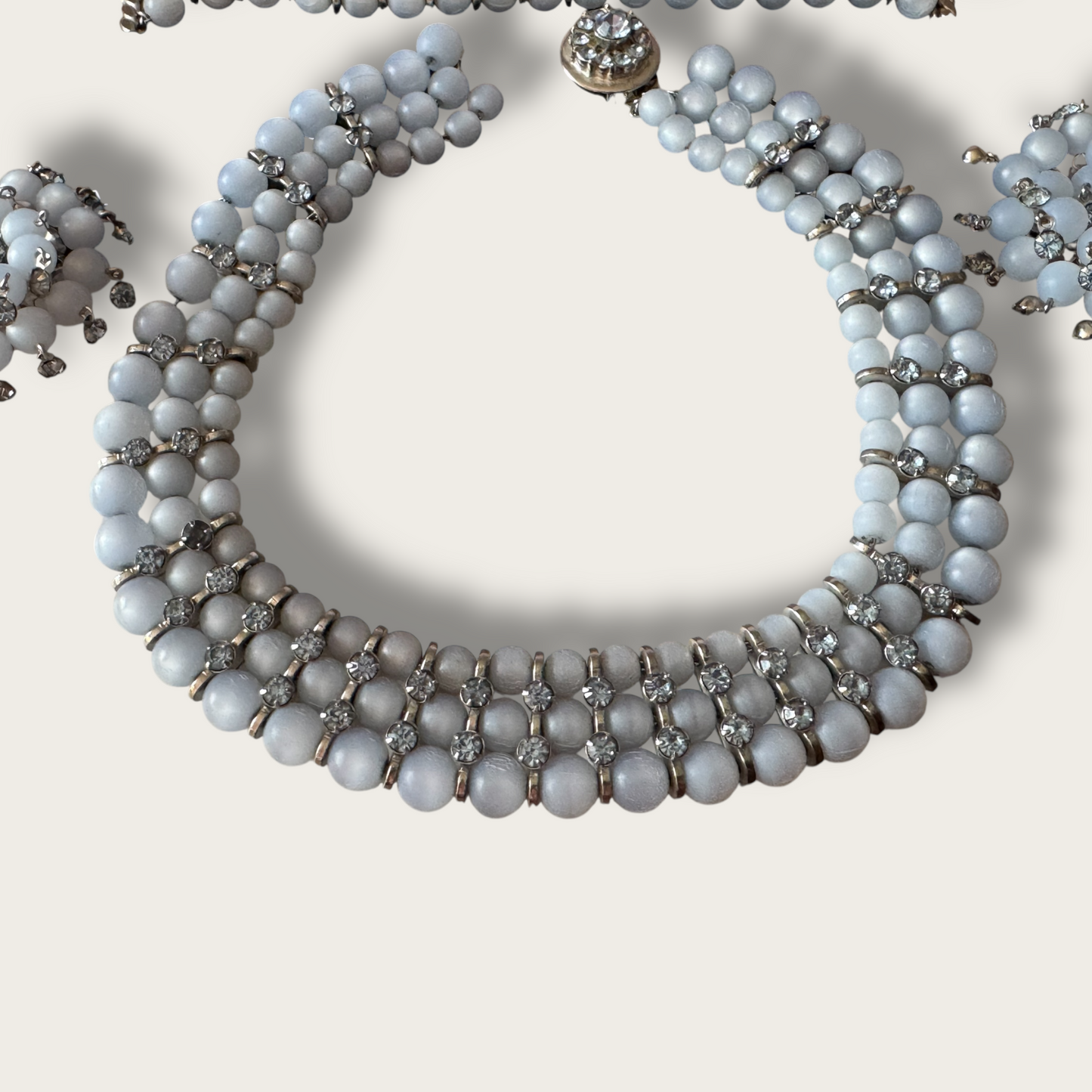 Vintage Powder Blue Cha-Cha Necklace, Bracelet & Earrings Set | 1950s Rhinestone Demi Parure