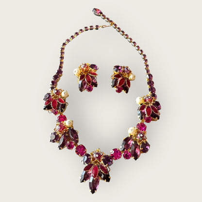 Weiss Vintage Enamel Leaf & Rhinestone Statement Set – Ruby, Amethyst & Pearl Tones – 1950s Mid-Century Glam | Private Collection