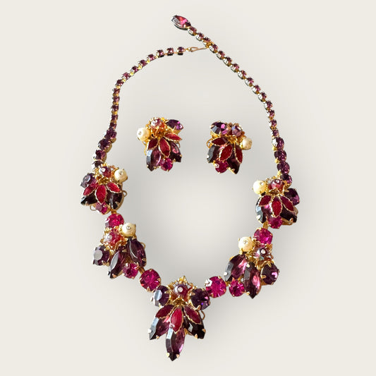Weiss Vintage Enamel Leaf & Rhinestone Statement Set – Ruby, Amethyst & Pearl Tones – 1950s Mid-Century Glam | Private Collection