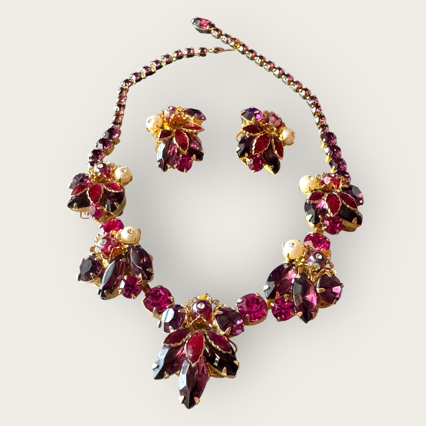 Weiss Vintage Enamel Leaf & Rhinestone Statement Set – Ruby, Amethyst & Pearl Tones – 1950s Mid-Century Glam | Private Collection