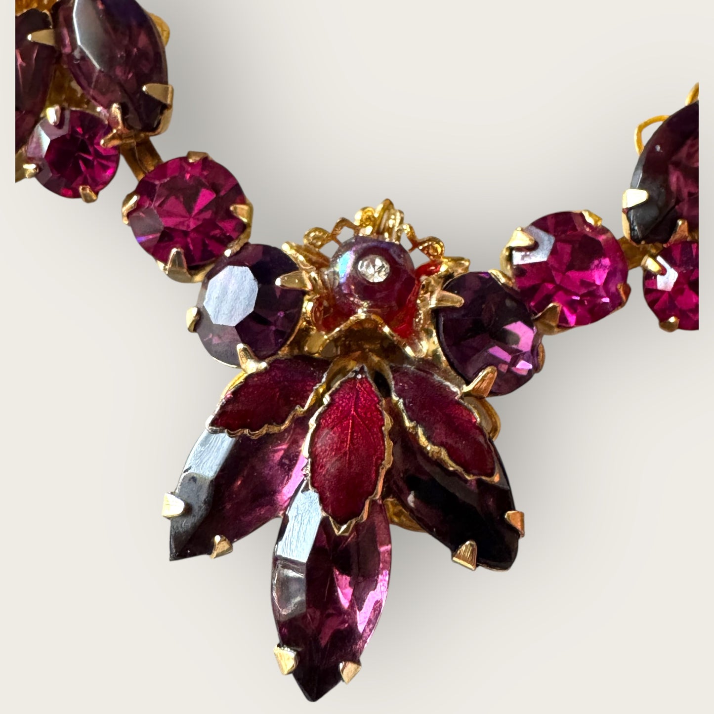 Weiss Vintage Enamel Leaf & Rhinestone Statement Set – Ruby, Amethyst & Pearl Tones – 1950s Mid-Century Glam | Private Collection