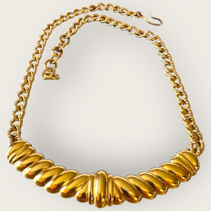 Vintage Signed Monet Gold-Tone Sculpted Bar Necklace – Twisted Rope Chain Statement Piece