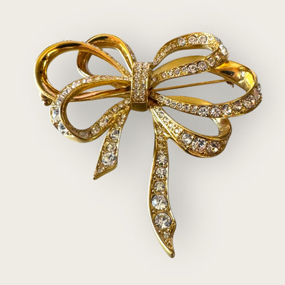 KJL for Avon Vintage Crystal Bow Brooch – Gold-Tone Double Ribbon Statement