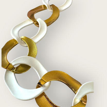 Vintage Chunky Monet Gold & White Enamel Chain Necklace – 1980s Statement Link