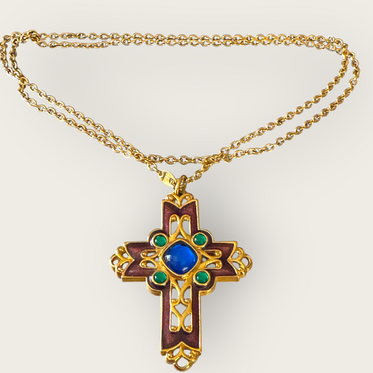 Vintage Avon Enamel Cross Necklace – Purple & Gold with Lucite Cabochons, 30” Signed Chain