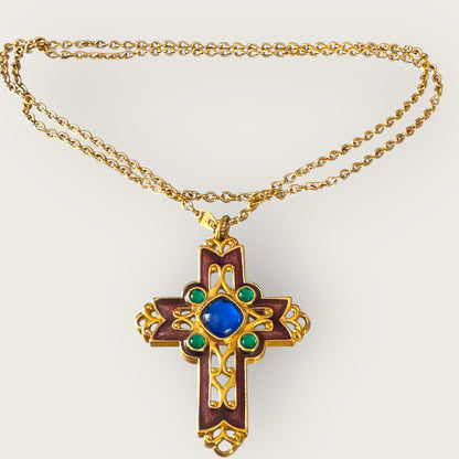 Vintage Avon Enamel Cross Necklace – Purple & Gold with Lucite Cabochons, 30” Signed Chain