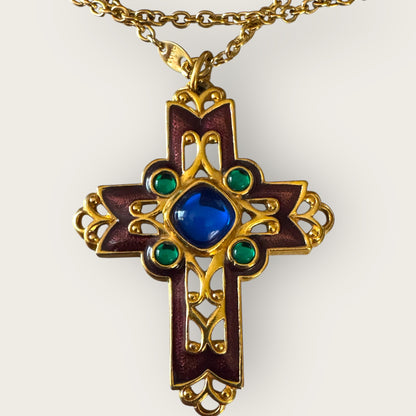Vintage Avon Enamel Cross Necklace – Purple & Gold with Lucite Cabochons, 30” Signed Chain