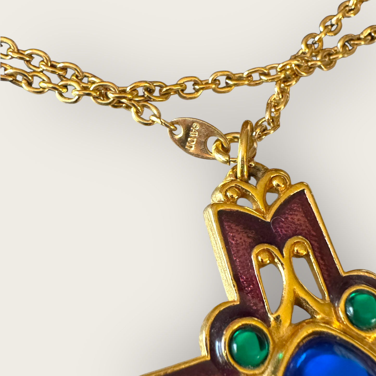 Vintage Avon Enamel Cross Necklace – Purple & Gold with Lucite Cabochons, 30” Signed Chain