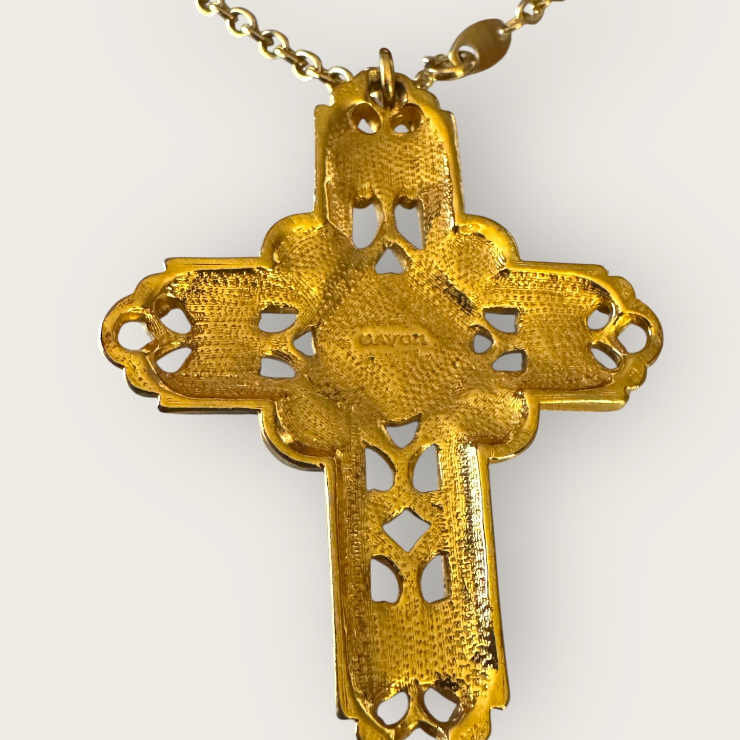 Vintage Avon Enamel Cross Necklace – Purple & Gold with Lucite Cabochons, 30” Signed Chain