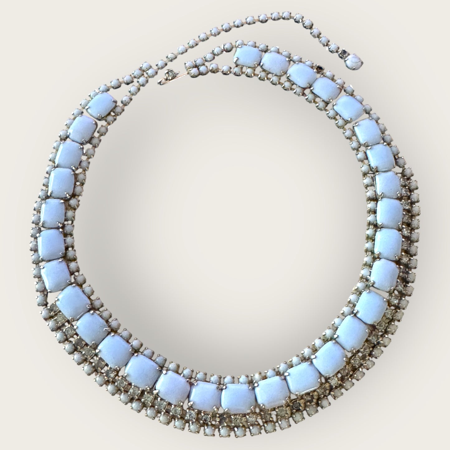 Mid-Century Blue Milk Glass & Rhinestone Double Row Choker Necklace – 1950s Cocktail Statement