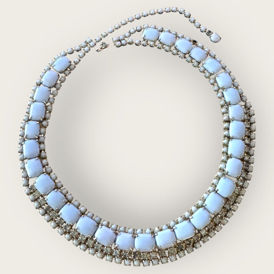 Mid-Century Blue Milk Glass & Rhinestone Double Row Choker Necklace – 1950s Cocktail Statement