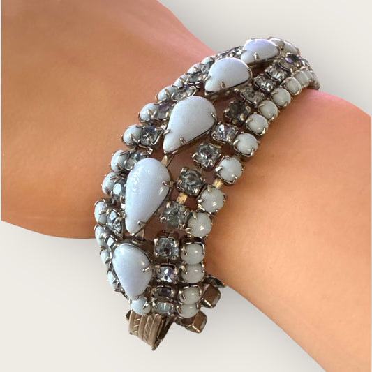 Vintage Unsigned Powder Blue Milk Glass & Rhinestone Expansion Bracelet – 1950s Wide Panel Statement Jewelry