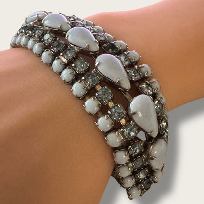 Vintage Unsigned Powder Blue Milk Glass & Rhinestone Expansion Bracelet – 1950s Wide Panel Statement Jewelry