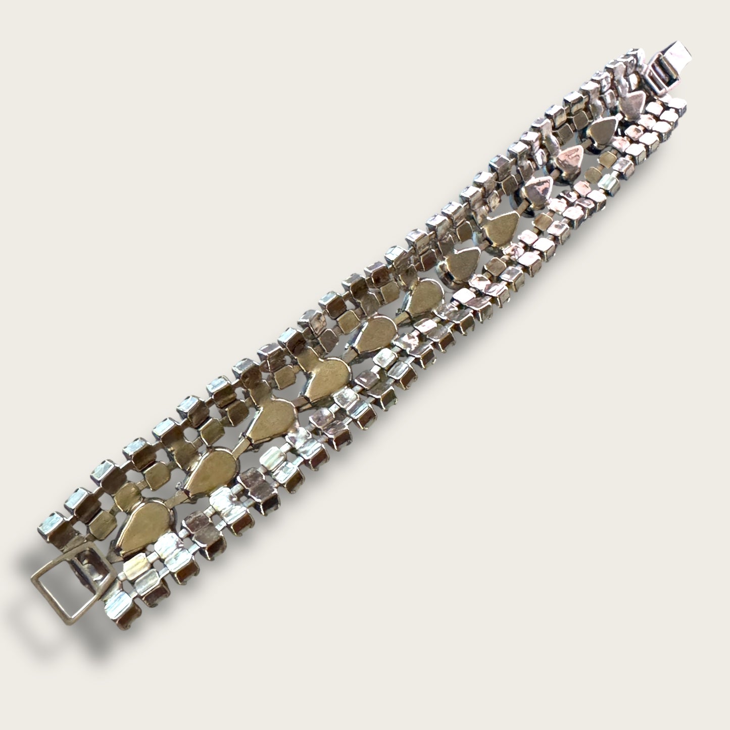 Vintage Unsigned Powder Blue Milk Glass & Rhinestone Expansion Bracelet – 1950s Wide Panel Statement Jewelry