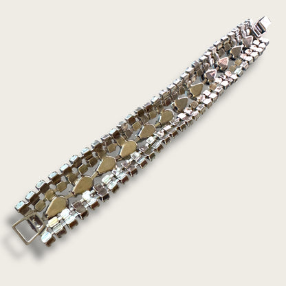 Vintage Unsigned Powder Blue Milk Glass & Rhinestone Expansion Bracelet – 1950s Wide Panel Statement Jewelry
