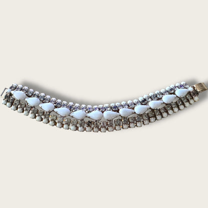 Vintage Unsigned Powder Blue Milk Glass & Rhinestone Expansion Bracelet – 1950s Wide Panel Statement Jewelry
