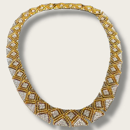 Chunky Vintage Gold-Tone Articulated Collar Necklace – Braided Pavé Design with Removable Extender