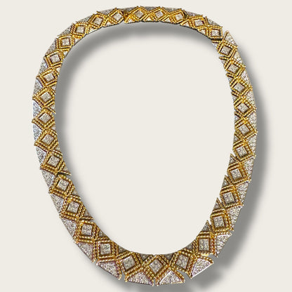 Chunky Vintage Gold-Tone Articulated Collar Necklace – Braided Pavé Design with Removable Extender