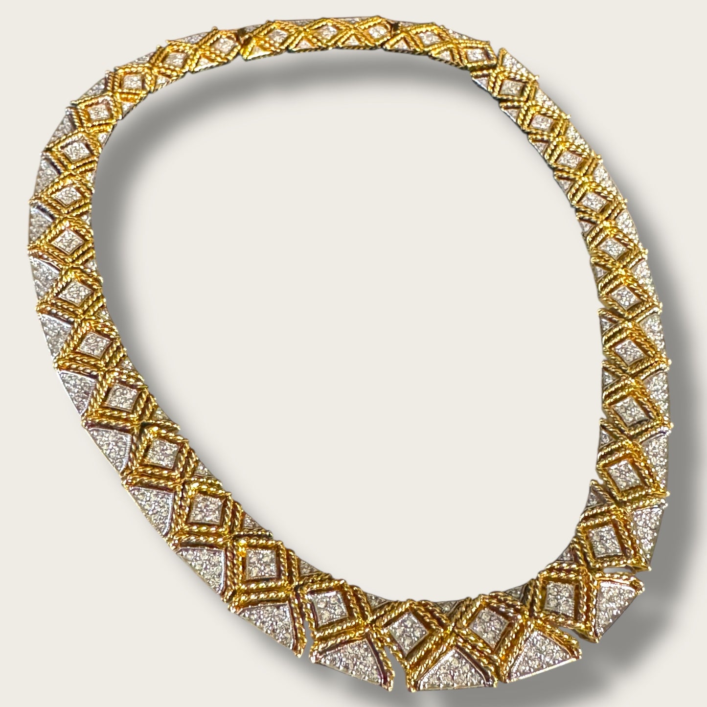 Chunky Vintage Gold-Tone Articulated Collar Necklace – Braided Pavé Design with Removable Extender