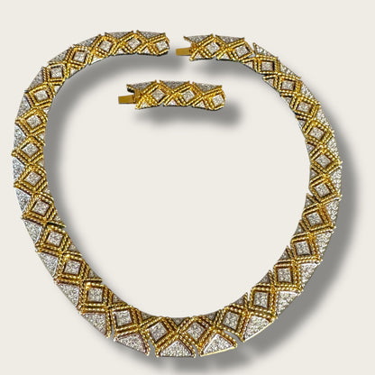 Chunky Vintage Gold-Tone Articulated Collar Necklace – Braided Pavé Design with Removable Extender