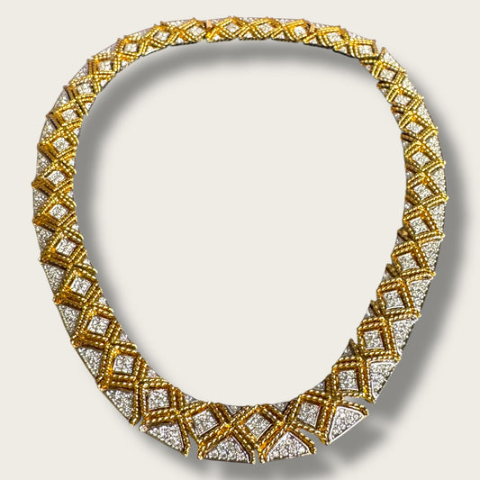 Chunky Vintage Gold-Tone Articulated Collar Necklace – Braided Pavé Design with Removable Extender