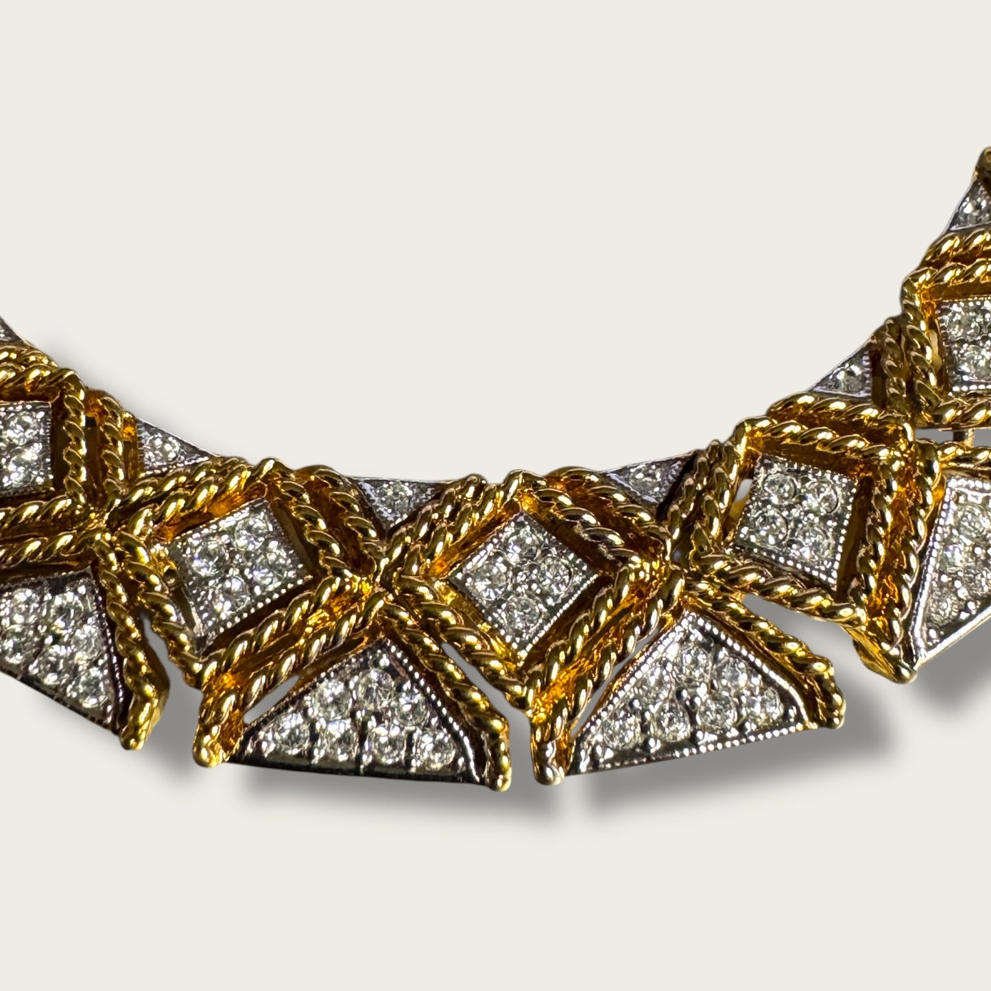 Chunky Vintage Gold-Tone Articulated Collar Necklace – Braided Pavé Design with Removable Extender