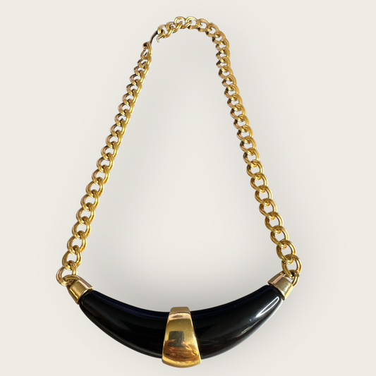 Vintage Monet Blue Glass Pendant Necklace – 18” Gold-Tone Chain with Sculptural Side Bar