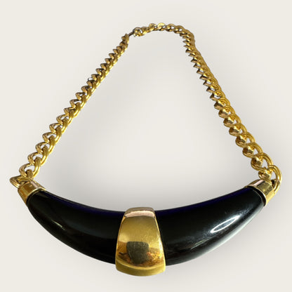 Vintage Monet Blue Glass Pendant Necklace – 18” Gold-Tone Chain with Sculptural Side Bar