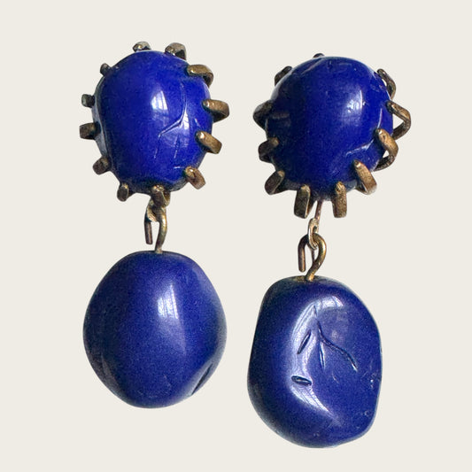 Vintage Miriam Haskell Cobalt Blue Glass Drop Earrings – Signed, 1950s Screwback Clip-On