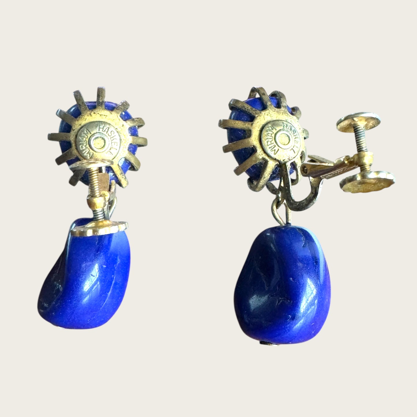 Vintage Miriam Haskell Cobalt Blue Glass Drop Earrings – Signed, 1950s Screwback Clip-On