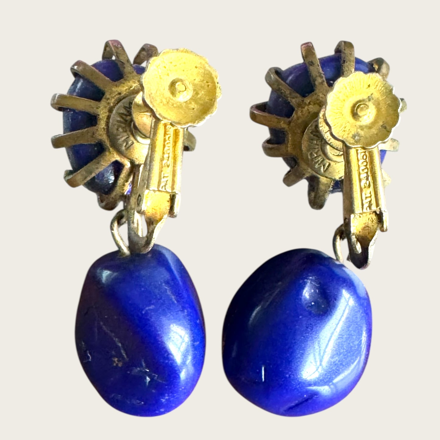 Vintage Miriam Haskell Cobalt Blue Glass Drop Earrings – Signed, 1950s Screwback Clip-On