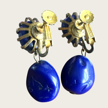 Vintage Miriam Haskell Cobalt Blue Glass Drop Earrings – Signed, 1950s Screwback Clip-On