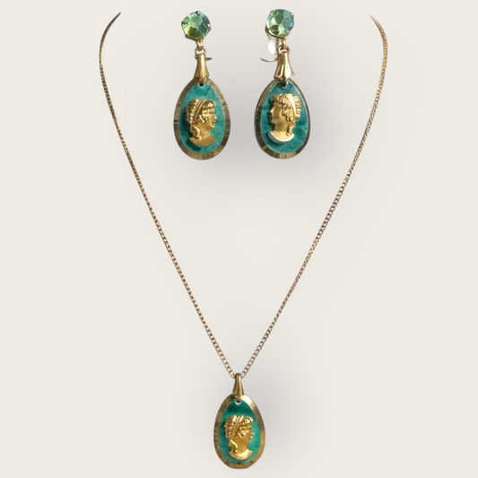 Vintage Green Glass Cameo Necklace & Earring Set – Gold Foil Intaglio Drop, AB Rhinestone Screwback Demi-Parure